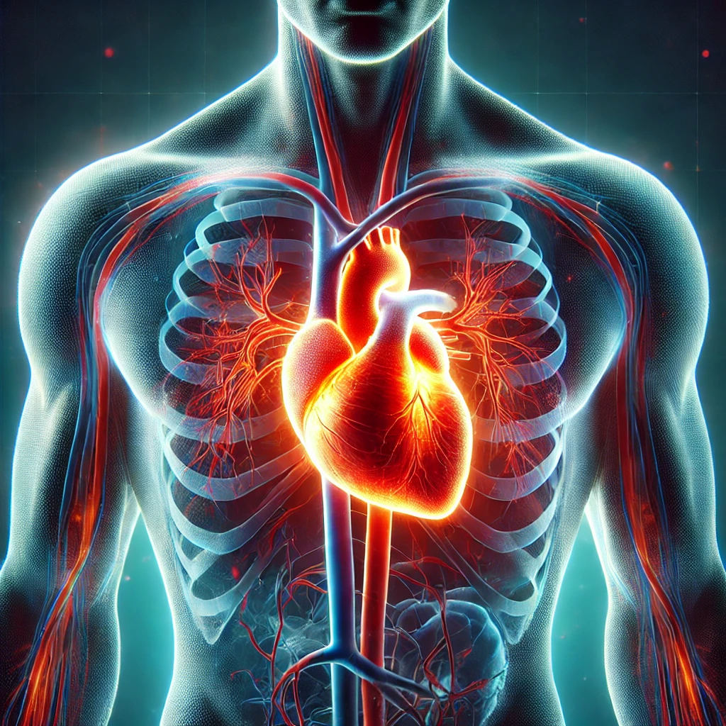 DALL·E 2025-01-29 22.34.44 - A semi-transparent human torso with an illuminated, glowing heart. The heart is highlighted in vibrant red and orange, showing energy and activity. Th